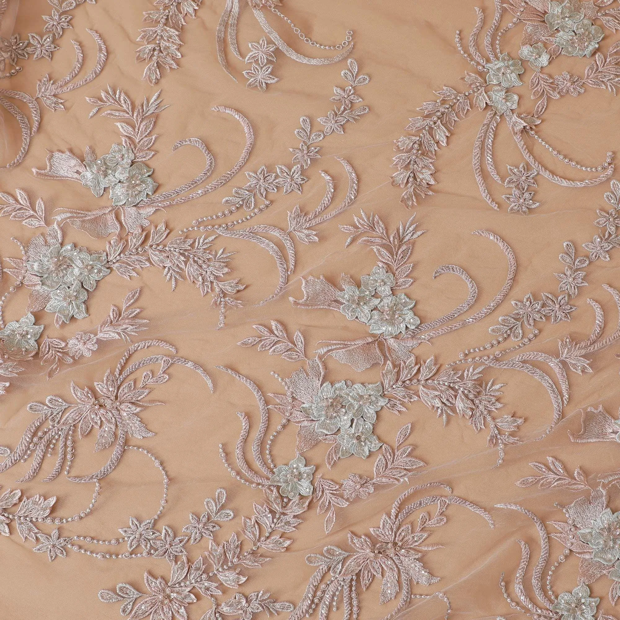 Onion pink Premium wedding nylon tulle fabric with same tone embroidery, beads,  pearls, beads, sequins and powder blue  applique work in floral design-D7912