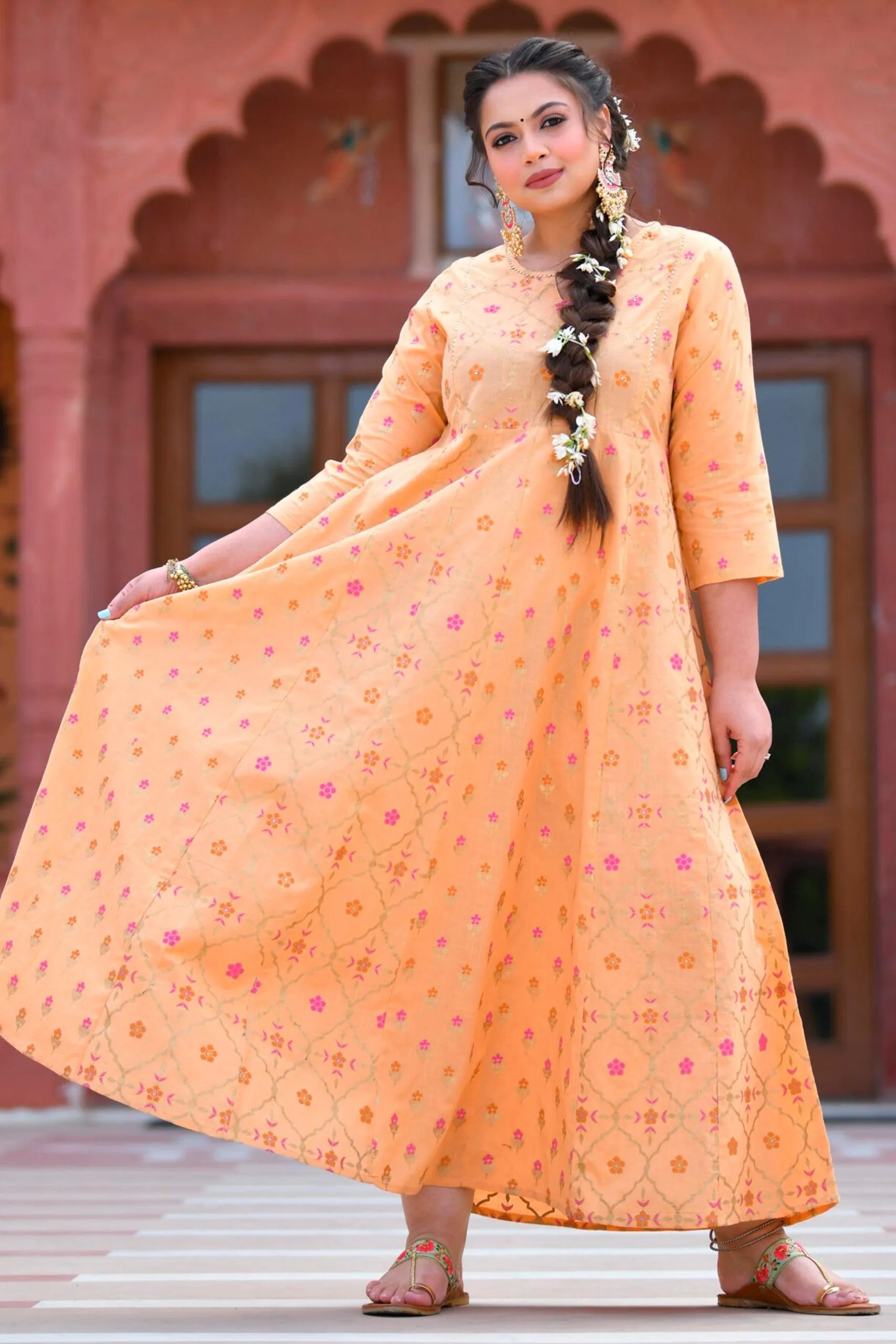 Peach Floral Gold Printed Long Ethnic Gown