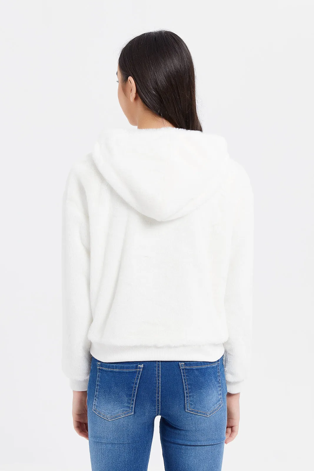 Senior Girls White Embroidered Hooded Fur Sweatshirt