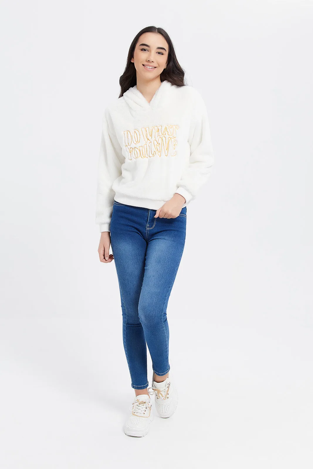 Senior Girls White Embroidered Hooded Fur Sweatshirt