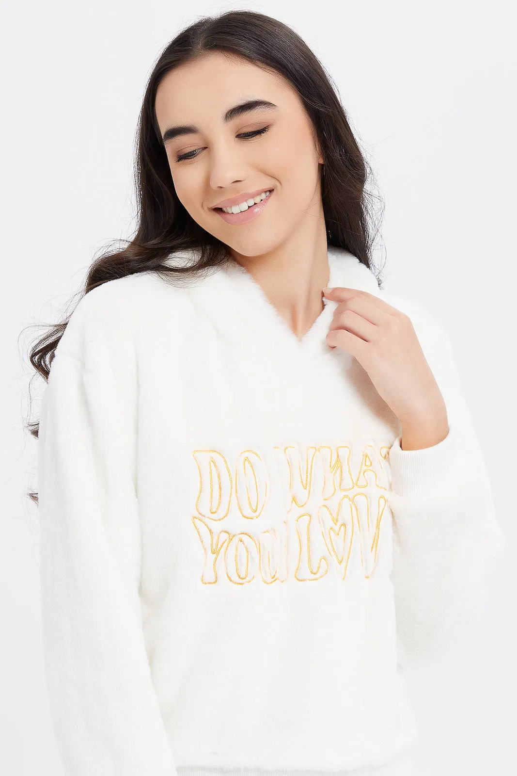 Senior Girls White Embroidered Hooded Fur Sweatshirt