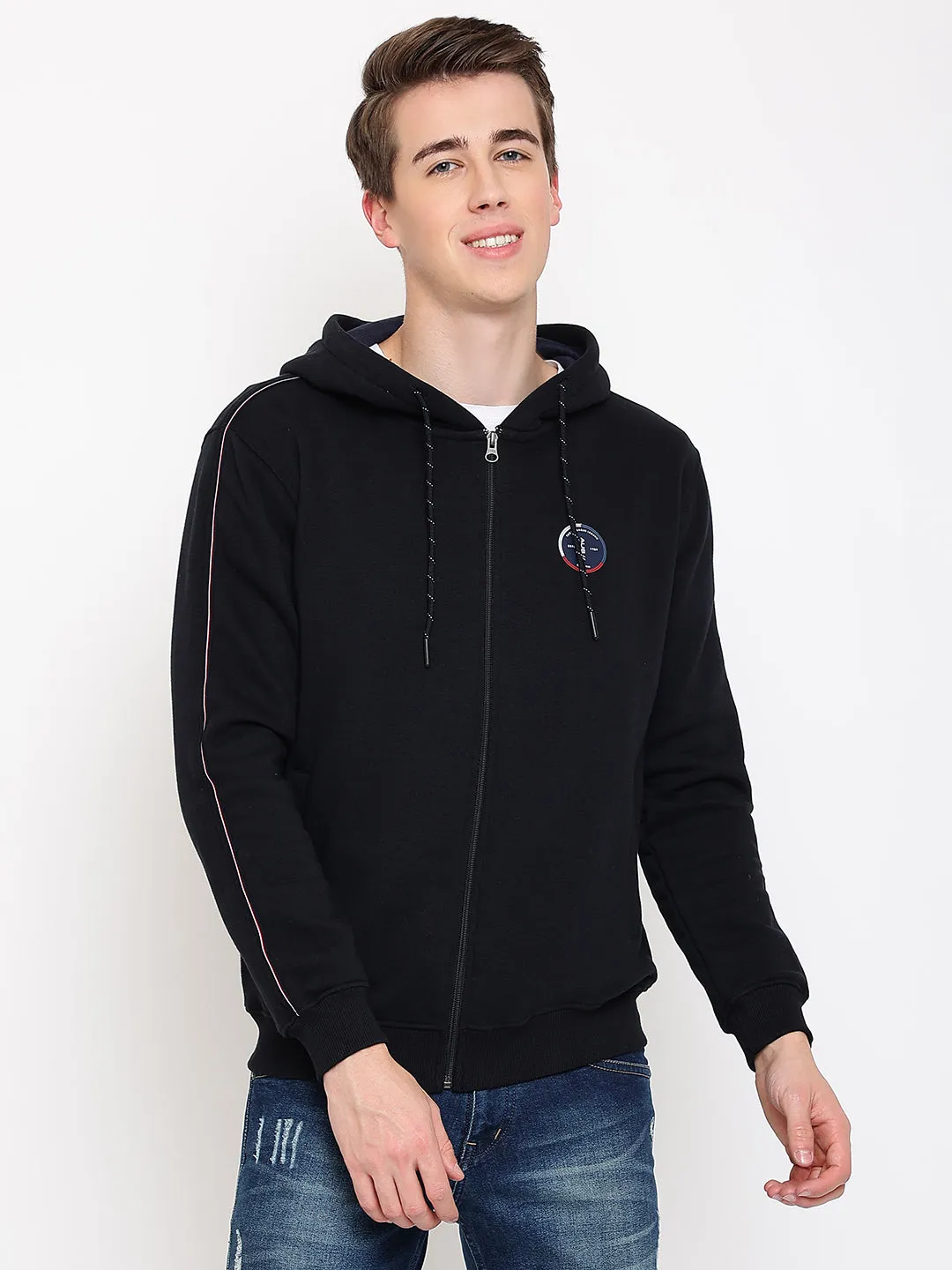 Solid Navy Full Sleeves Hooded Neck Regular Fit Casual Sweatshirt for Men