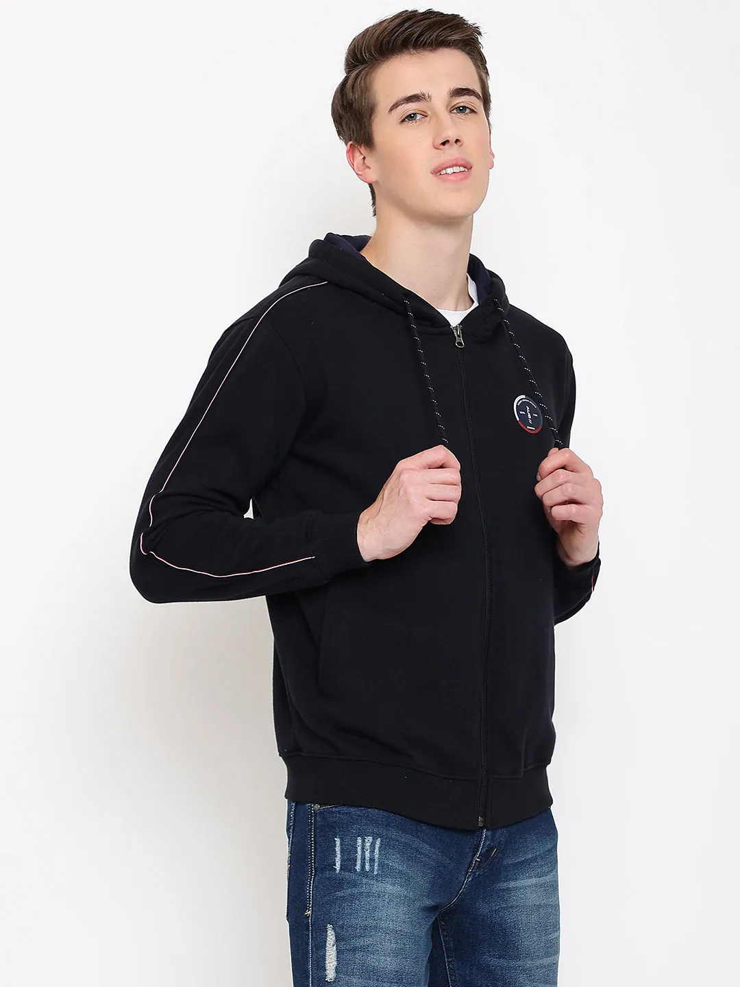 Solid Navy Full Sleeves Hooded Neck Regular Fit Casual Sweatshirt for Men