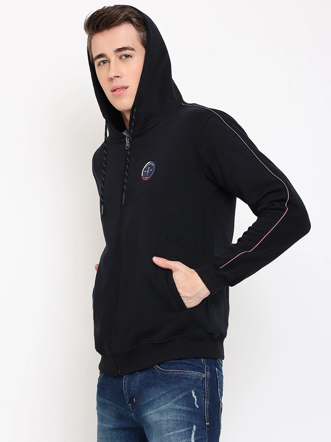 Solid Navy Full Sleeves Hooded Neck Regular Fit Casual Sweatshirt for Men