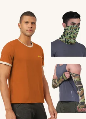 Summers Essential Combo - Crew Neck T-shirt, Arm Sleeves & Bandana Mask