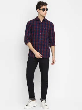 Turtle Men Navy & Red Cotton Checked Slim Fit Shirts