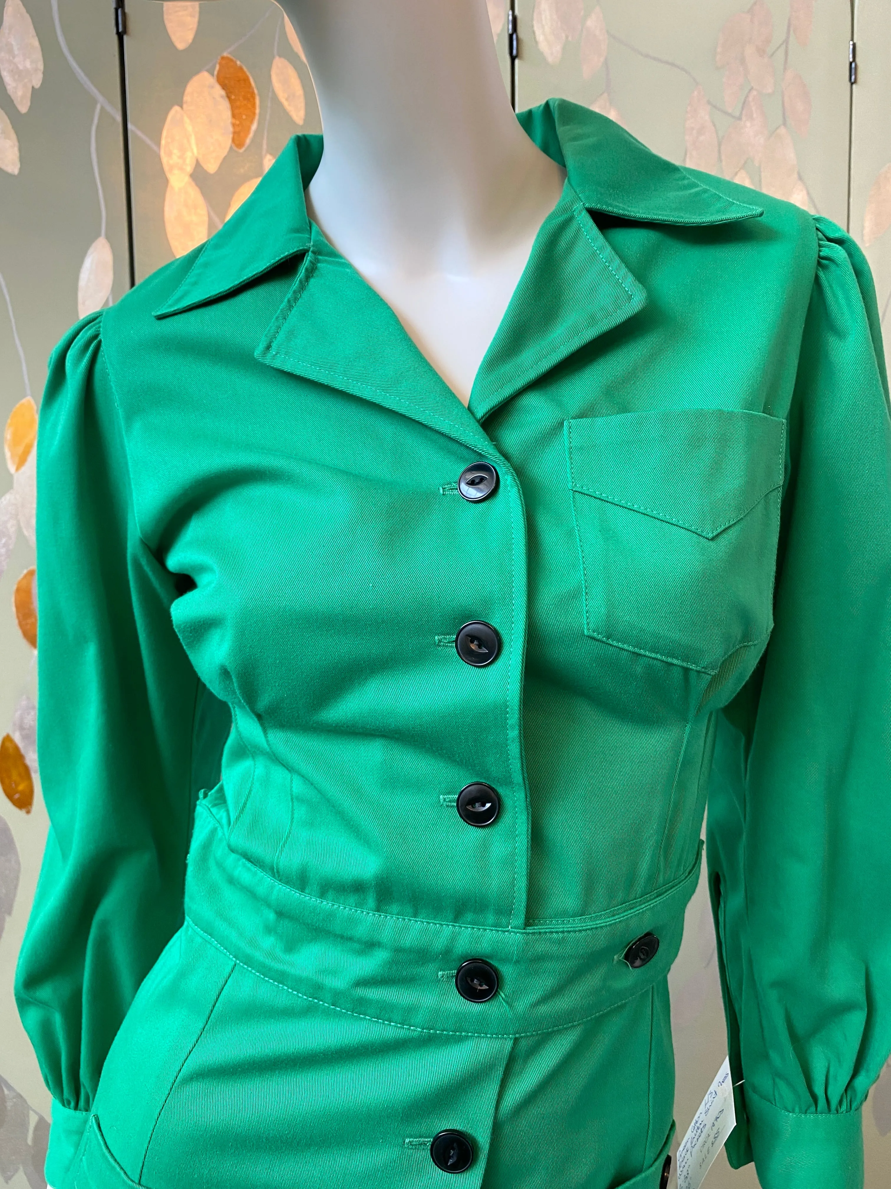 Vintage 1970s Green Long Sleeve Utility Shirt Dress, XS