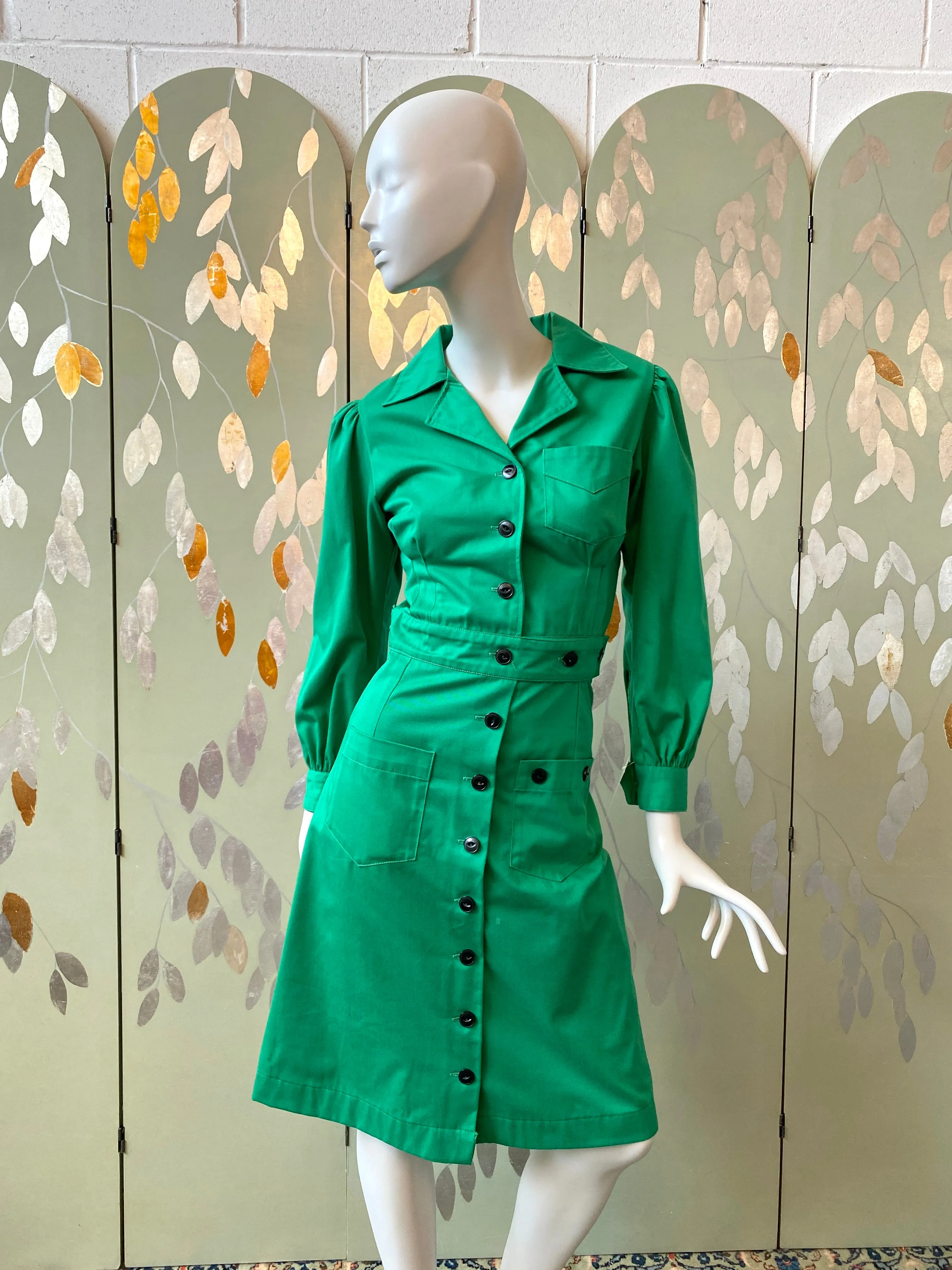 Vintage 1970s Green Long Sleeve Utility Shirt Dress, XS