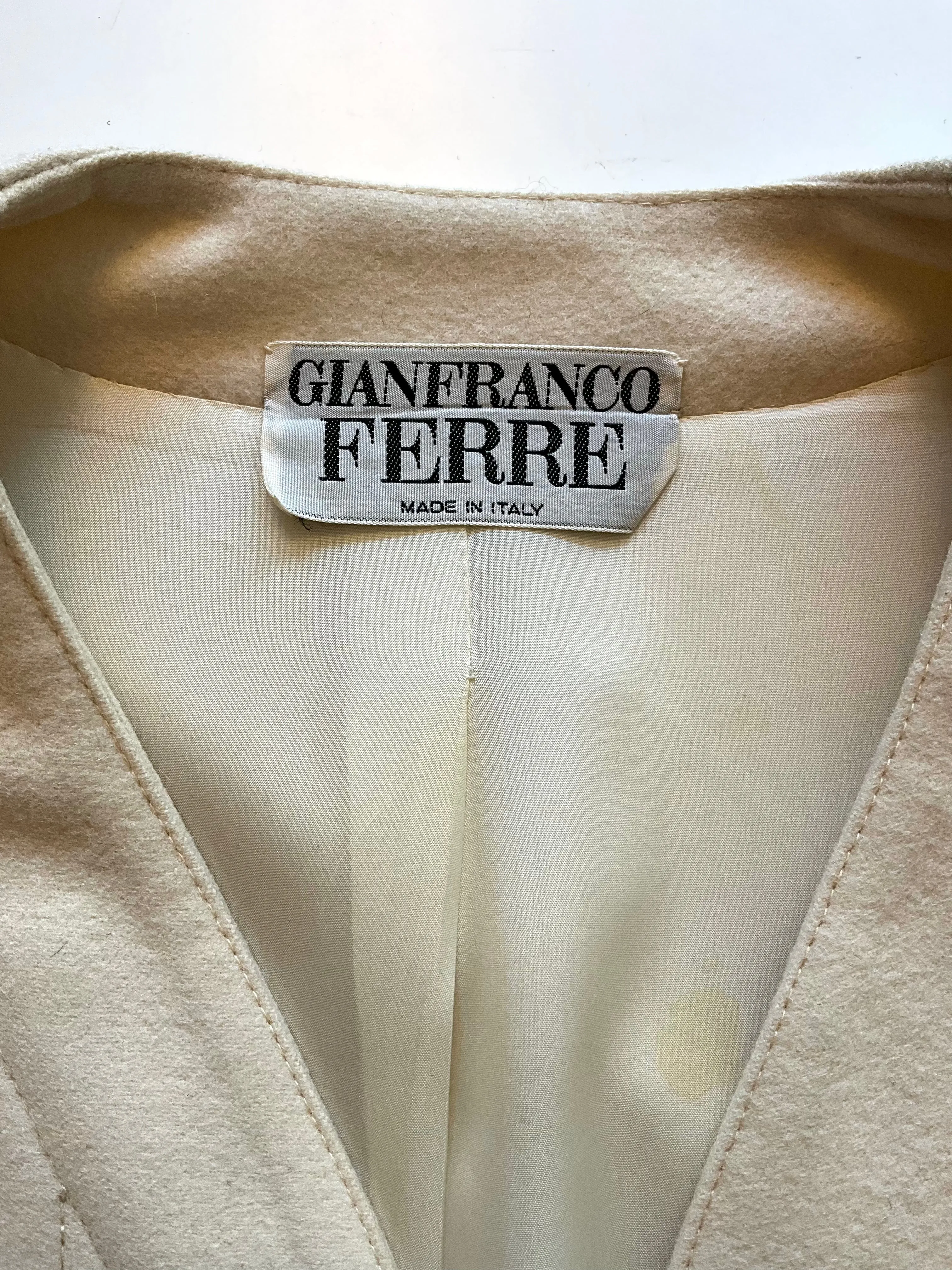 Vintage 1980s Gianfranco Ferré Cream Wool Collarless Jacket, Large