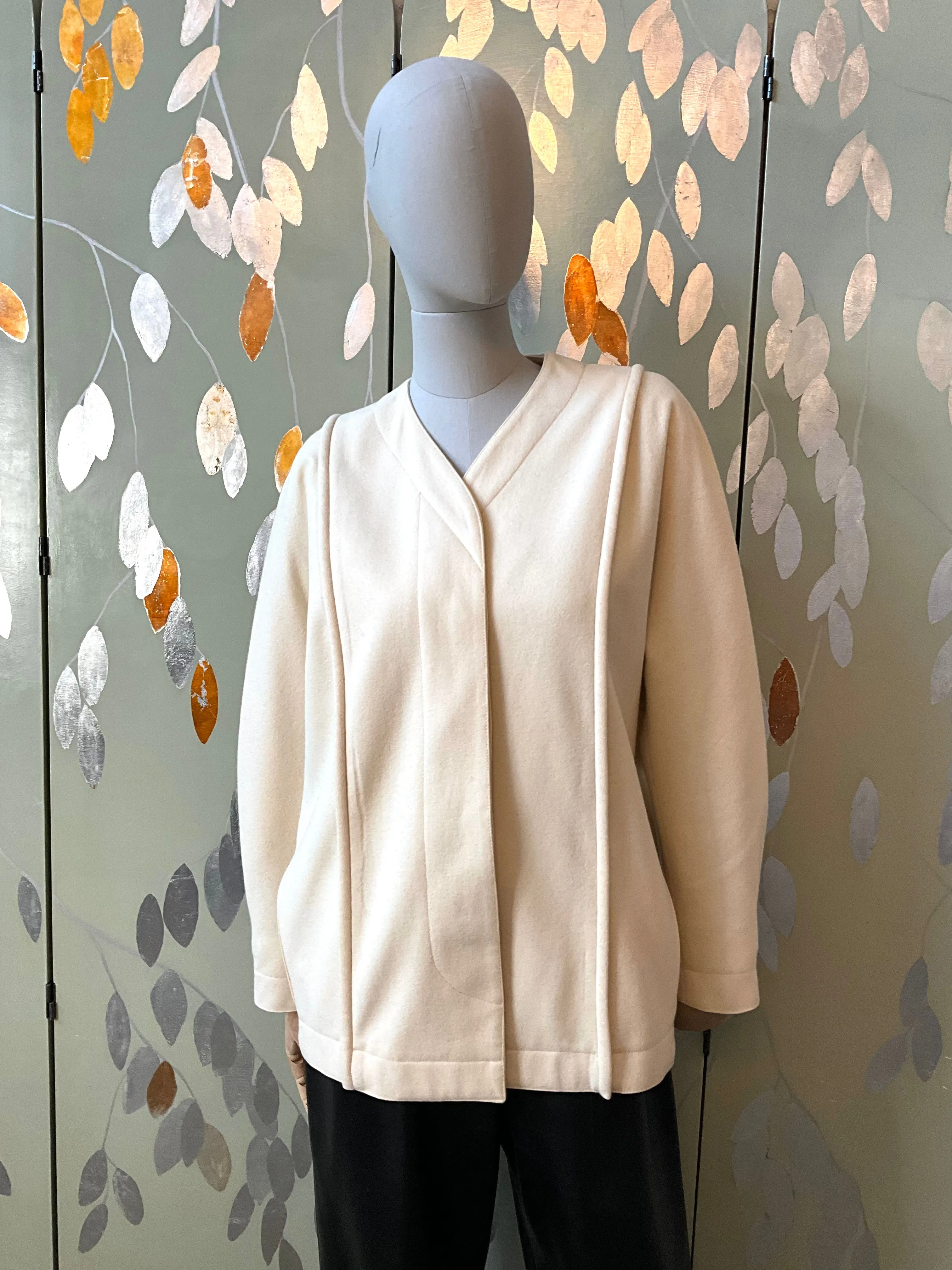 Vintage 1980s Gianfranco Ferré Cream Wool Collarless Jacket, Large