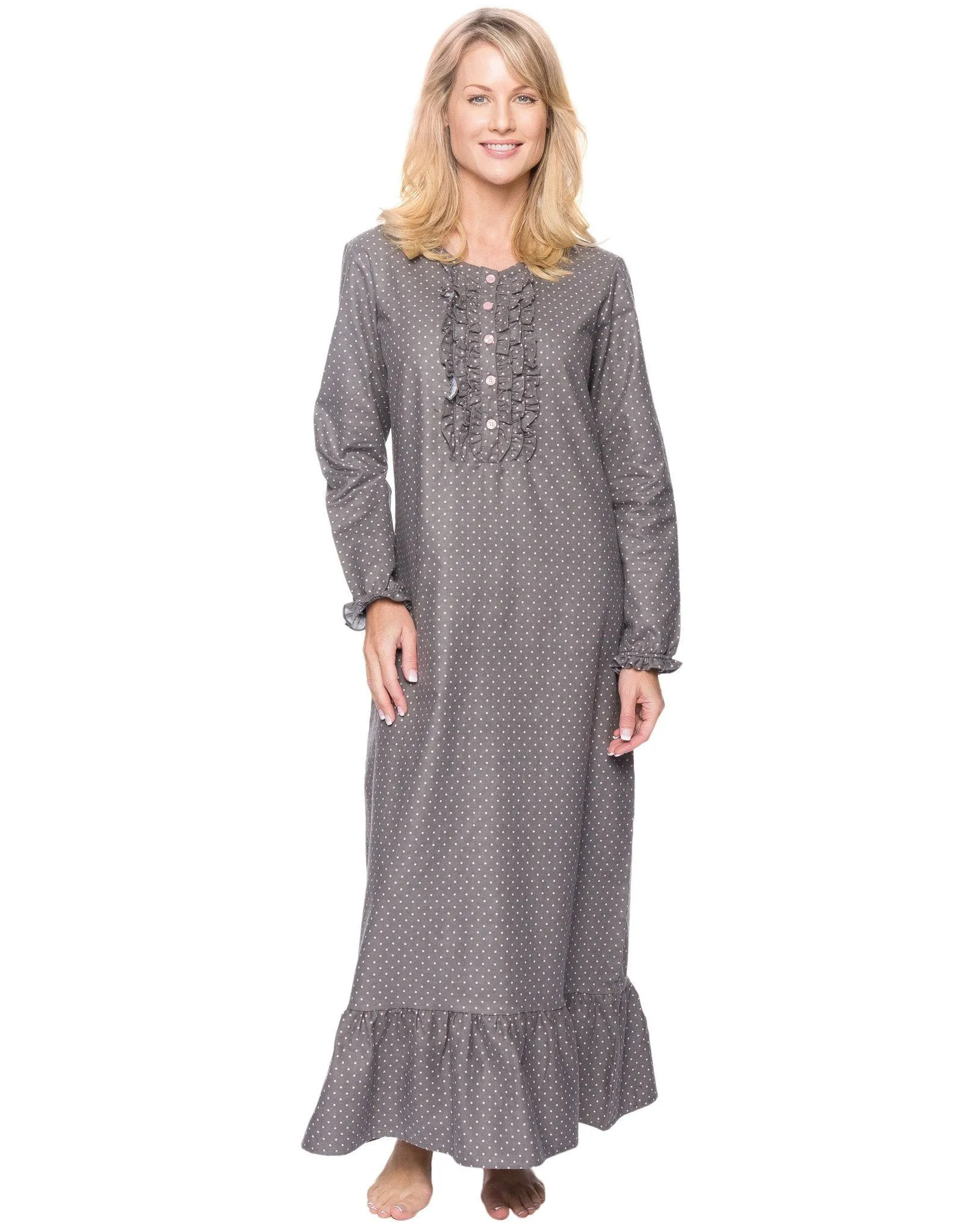 Women's Premium Flannel Long Gown - Pindots Charcoal